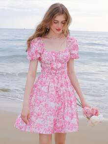 滿版印花泡泡袖洋裝 - 粉色 - 查看 6