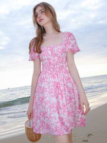 滿版印花泡泡袖洋裝 - 粉色 - 查看 8