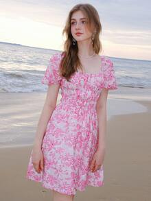 滿版印花泡泡袖洋裝 - 粉色 - 查看 10