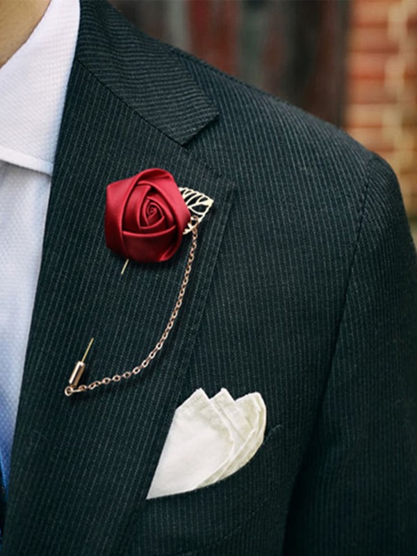 قطعة واحدة من وردة حمراء وسلسلة كديكور بوتونييرة، للمناسبات الزفاف، إكسسوار للعريس