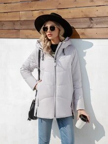 HaiLuoZi Zip Up Hooded Padded Coat For Winter - Light Grey - View 1