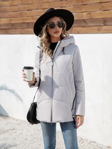 HaiLuoZi Zip Up Hooded Padded Coat For Winter - Light Grey - View 3