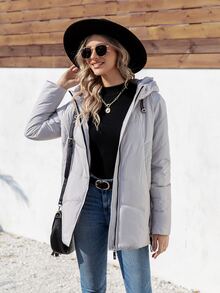 HaiLuoZi Zip Up Hooded Padded Coat For Winter - Light Grey - View 4