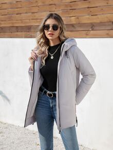 HaiLuoZi Zip Up Hooded Padded Coat For Winter - Light Grey - View 5