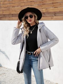 HaiLuoZi Zip Up Hooded Padded Coat For Winter - Light Grey - View 6