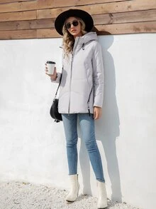 HaiLuoZi Zip Up Hooded Padded Coat For Winter - Light Grey - View 7