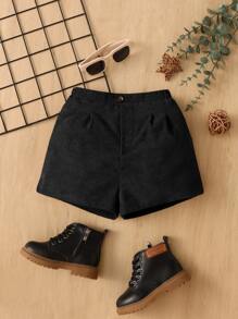SHEIN Shorts de pana de unicolor para bebé niña, cintura elástica con botón frontal y sin cinturón, adecuado para el verano - Negro - Ver 1