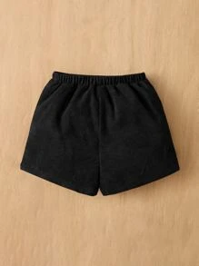 SHEIN Shorts de pana de unicolor para bebé niña, cintura elástica con botón frontal y sin cinturón, adecuado para el verano - Negro - Ver 2