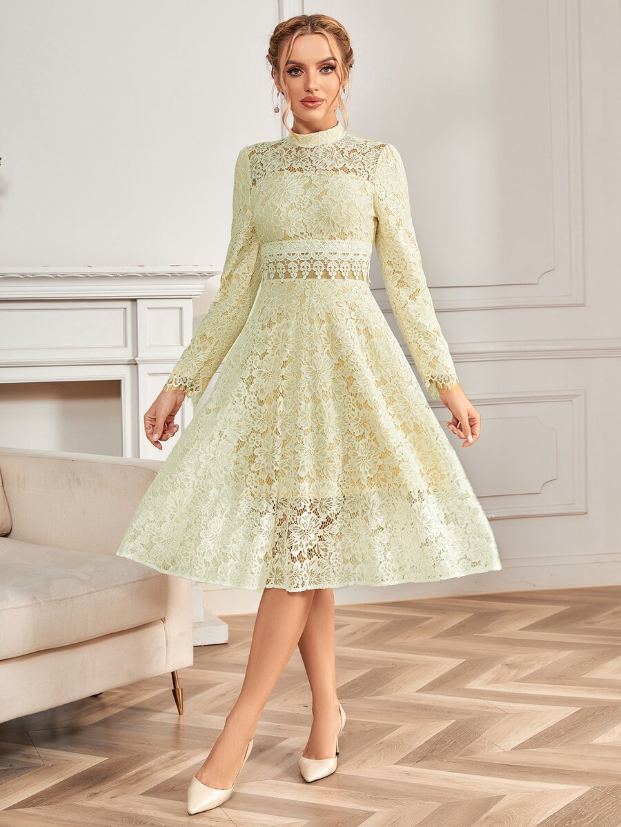 Elegant Mock Neck Lace Formal Evening Gowns - Yellow - View 1