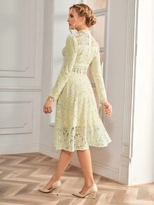 Elegant Mock Neck Lace Formal Evening Gowns - Yellow - View 2