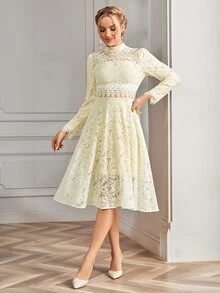 Elegant Mock Neck Lace Formal Evening Gowns - Yellow - View 3