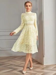 Elegant Mock Neck Lace Formal Evening Gowns - Yellow - View 4