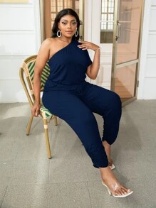DEARCASE Jumpsuits Plus Size Thắt nút Xù màu trơn Giải trí - Màu xanh hải quân - Xem 1