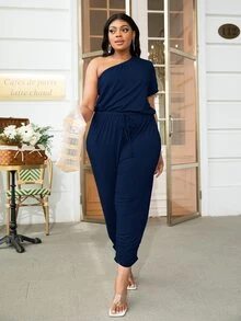 DEARCASE Jumpsuits Plus Size Thắt nút Xù màu trơn Giải trí - Màu xanh hải quân - Xem 3