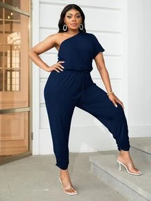 DEARCASE Jumpsuits Plus Size Thắt nút Xù màu trơn Giải trí - Màu xanh hải quân - Xem 4