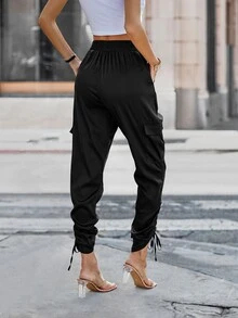 Pantalones apilados bajo con cordón con bolsillo lateral con solapa - Negro - Ver 2