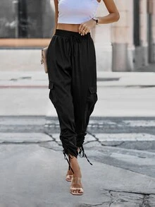 Pantalones apilados bajo con cordón con bolsillo lateral con solapa - Negro - Ver 3