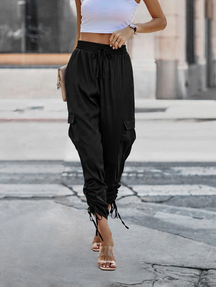 BTFBM Drawstring Hem Flap Pocket Side Stacked Pants - Black - View 3