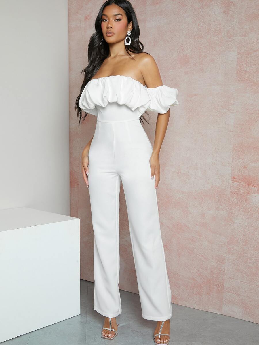 SHEIN Unity Off Shoulder Ruffle Chất rắn Áo liền quần - trắng - Xem 1