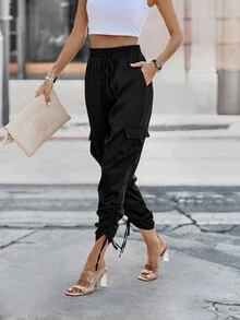 Pantalones apilados bajo con cordón con bolsillo lateral con solapa - Negro - Ver 5