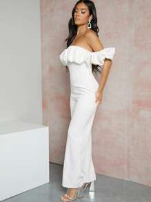 SHEIN Unity Off Shoulder Ruffle Chất rắn Áo liền quần - trắng - Xem 3