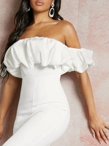 SHEIN Unity Off Shoulder Ruffle Chất rắn Áo liền quần - trắng - Xem 4