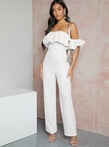 SHEIN Unity Off Shoulder Ruffle Chất rắn Áo liền quần - trắng - Xem 5