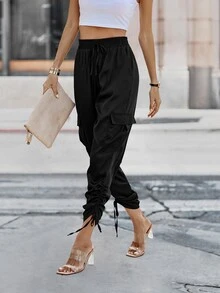 Pantalones apilados bajo con cordón con bolsillo lateral con solapa - Negro - Ver 6