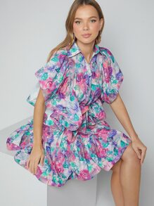 Hauture 优雅花卉印花荷叶边袖迷你连衣裙 - 彩色 - 查看 4