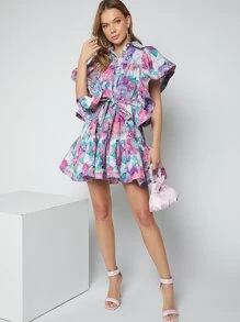 Hauture 优雅花卉印花荷叶边袖迷你连衣裙 - 彩色 - 查看 5