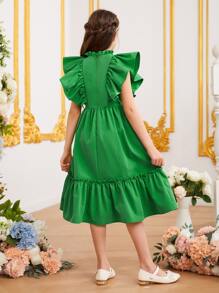 SHEIN Leap Crew Tween Girl Ruffle Trim Ruffle Hem Dress - Green - View 2