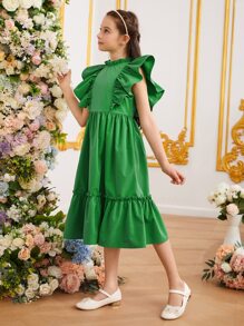 SHEIN Leap Crew Tween Girl Ruffle Trim Ruffle Hem Dress - Green - View 4