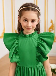 SHEIN Leap Crew Tween Girl Ruffle Trim Ruffle Hem Dress - Green - View 5