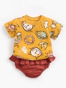 2 Cái/bộ Bé Gái Hình Thú Dễ Thương In Hình Hoạt Hình Áo Tay Ngắn Và Quần Short Tam Giác Bộ Cho Mùa Hè - Nhiều màu - Xem 5