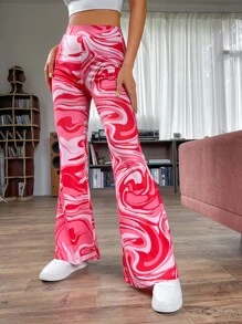 SHEIN EZwear 滿版印花喇叭褲 - 粉色 - 查看 4