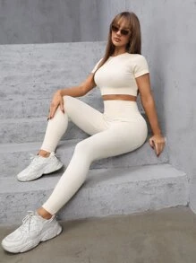 Easithlete 2 件装无缝速干宽腰带运动套装健身女士套装女士健身套装 - 米色 - 查看 3