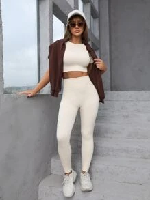 Easithlete 2 件装无缝速干宽腰带运动套装健身女士套装女士健身套装 - 米色 - 查看 4