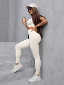 Easithlete 2 件装无缝速干宽腰带运动套装健身女士套装女士健身套装 - 米色 - 查看 5