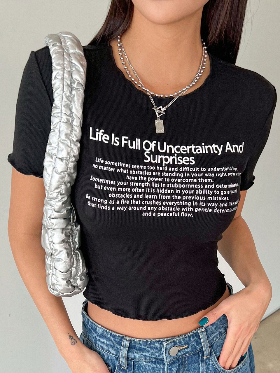 Slogan Graphic Lettuce Trim Crop Tee