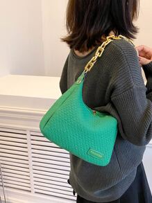 Letter Patch Decor Chain Hobo Bag - Green - View 1