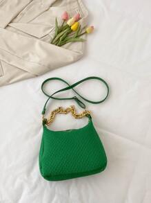 Letter Patch Decor Chain Hobo Bag - Green - View 2