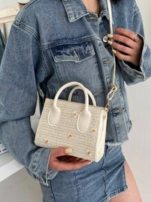 迷你花卉刺繡草編包時尚編織斜挎包女士夏季沙灘手提包