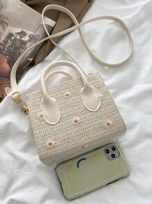 迷你花卉刺繡草編包時尚編織斜挎包女士夏季沙灘手提包