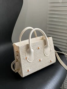 迷你花卉刺繡草編包時尚編織斜挎包女士夏季沙灘手提包