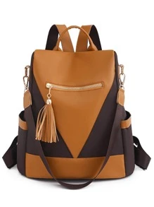 Two Tone Tassel Decor Classic Backpack - Brown - View 1