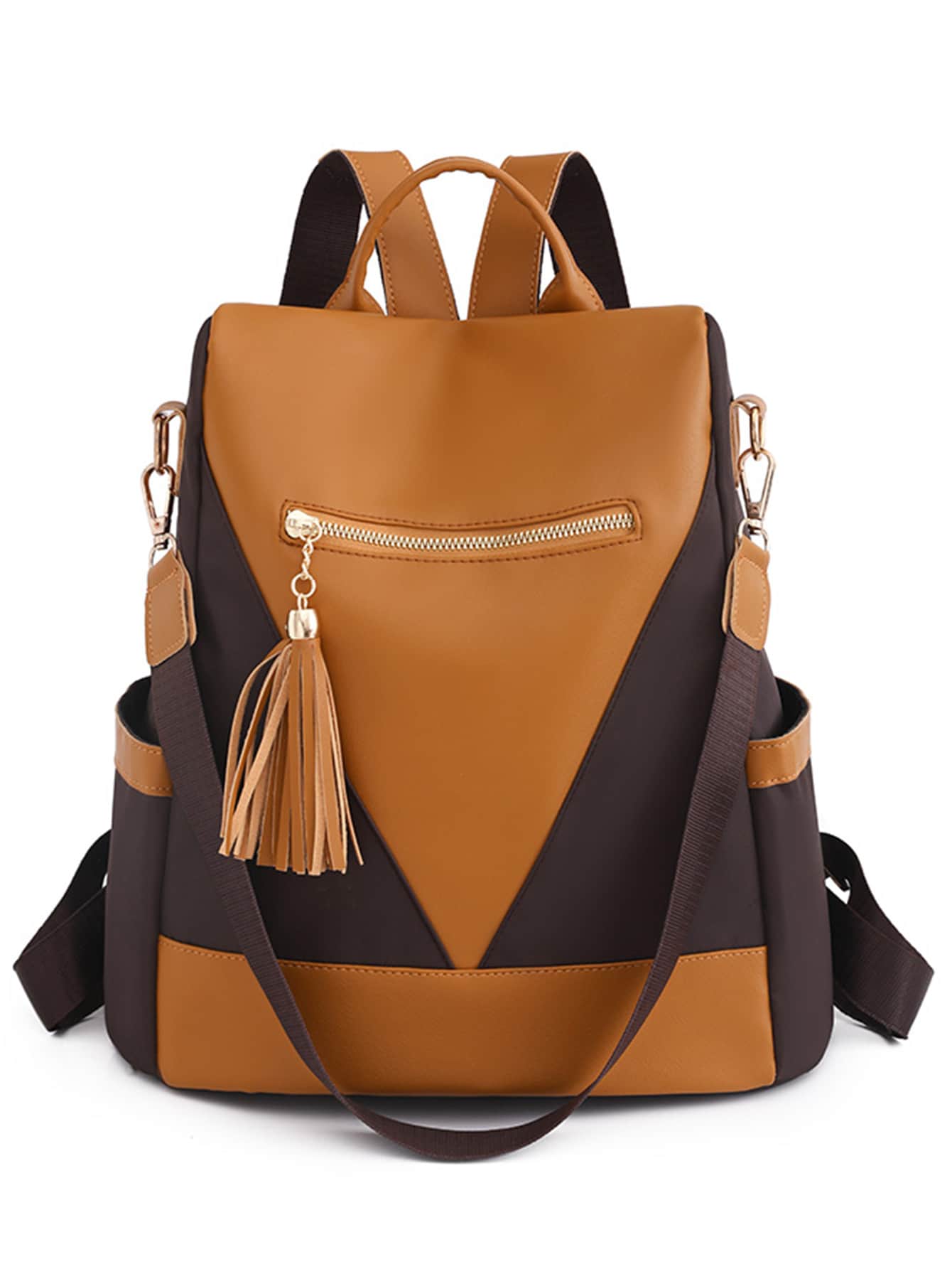 Two Tone Tassel Decor Classic Backpack - Brown - View 1