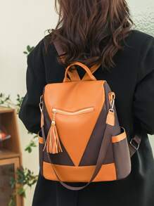 Two Tone Tassel Decor Classic Backpack - Brown - View 2
