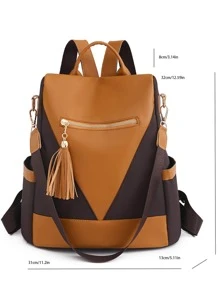 Two Tone Tassel Decor Classic Backpack - Brown - View 5