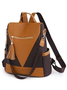 Two Tone Tassel Decor Classic Backpack - Brown - View 6