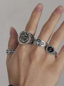 時尚流行4件套男士蛇紋裝飾戒指合金適合珠寶禮物和時尚外觀 - 復古銀色 - 查看 1
